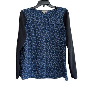 LOFT Blue and Black Chain Print Blouse Size Small